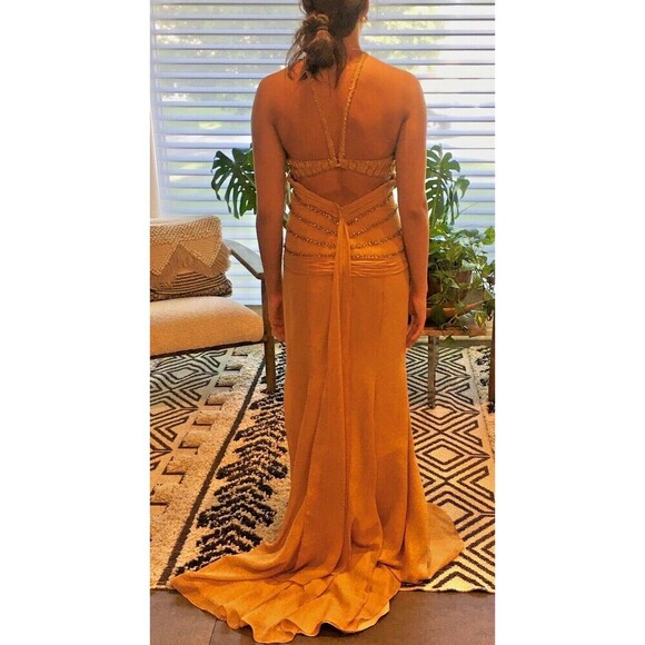 LANDA Gold Beaded Evening Long Prom Wedding Formal Halter Dress 10 (fits like 6) - Picture 4 of 5